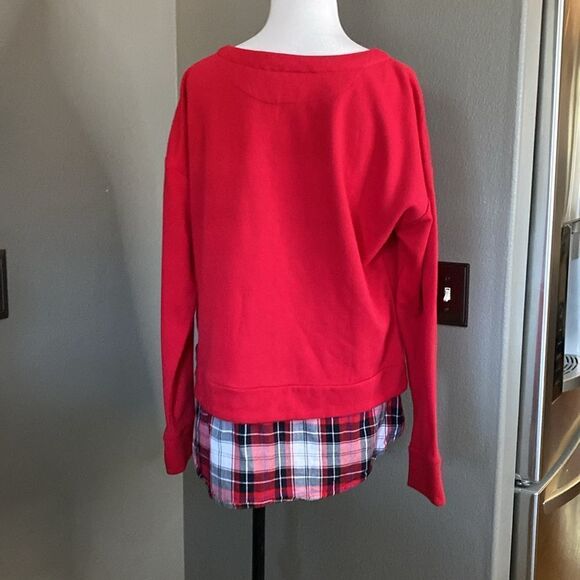Izod Women’s Long Sleeve Tie Front 2-Fer Sweatshirt Red Plaid - Picture 8 of 9